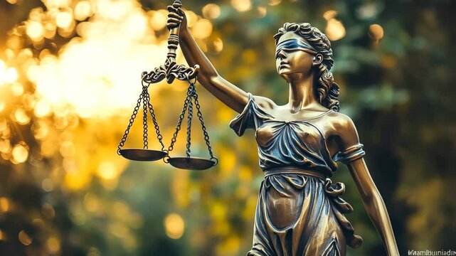 Bronze statue of Lady Justice with scales outdoors