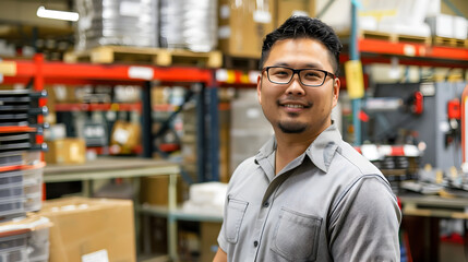 Fototapeta premium Portrait of a smiling man with glasses in a warehouse environment with shelves