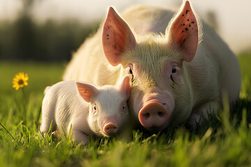 Mother pig and her cute piglet enjoying a sunny day in a grassy field with a yellow flower nearby