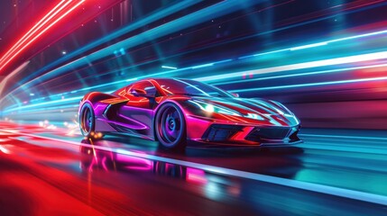 Red sports car driving acceleration on high speed on neon highway. Generated AI image