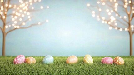 Joyful Easter egg hunt with colorful eggs on green grass, surrounded by pastel background and glowing trees