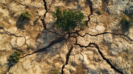 Aerial view of cracked earth with a single tree.