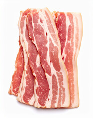 Pile of raw bacon strips isolated on white background. Tasty food.