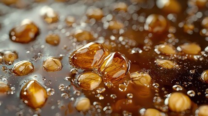 Close-up of a group of small, round, amber-colored objects that appear to be floating in a liquid. the objects are arranged in a scattered manner, with some overlapping each other.