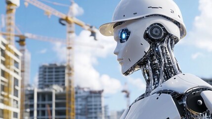 Futuristic Construction: AI Robot Overseeing Modern Building Site