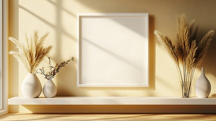 Sunlit shelf with frame, vases, pampas grass