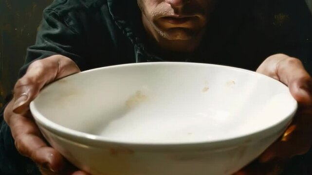 Man in black shirt looks sad, holding an empty bowl in a solemn setting, hinting at poverty or hardship.
