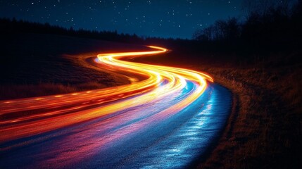 Obraz premium Night Road with Colorful Light Trails and Stars