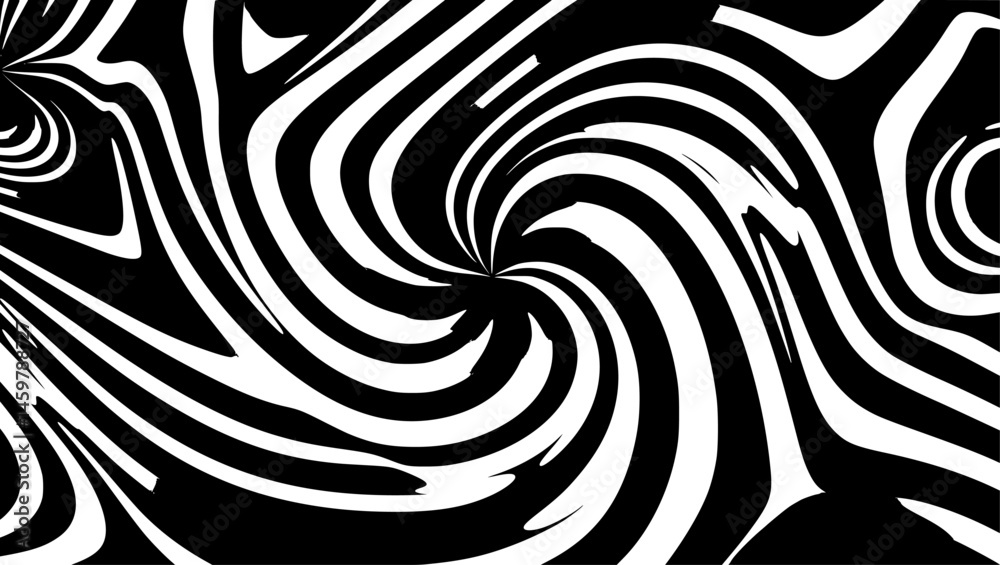 Poster swirling black and white pattern creates optical illusion with dynamic, wavy lines, forming a hypnot