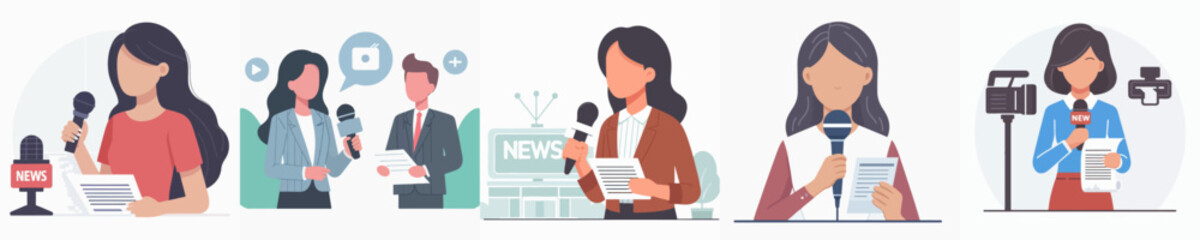 female journalist covering news with microphone style vector flat design
