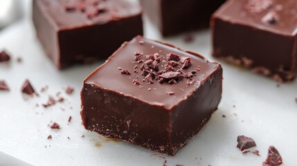 Three square pieces of chocolate fudge on a white parchment paper. the fudge is dark brown in color and has a smooth texture.