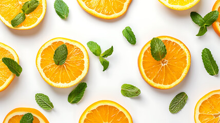 Pattern of fresh orange slices and green mint leaves scattered on a white background. Citrus fruit, healthy eating, and refreshing summer food concept.
