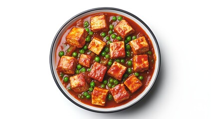Mutter Tofu is an Indian dish made with curried tofu and green peas in tomato sauce, isolated on a white background