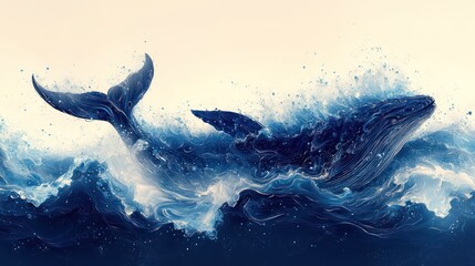 Fototapeta premium Majestic whale leaps through ethereal ocean waves. Fluid, abstract design