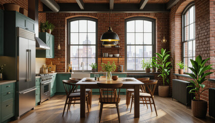 This interior photograph showcases a stylish industrial-style kitchen featuring exposed brick, large arched windows overlooking a city skyline, and a warm, inviting dining area.