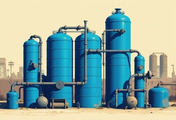 Obraz premium Industrial blue tanks and pipes in a factory setting