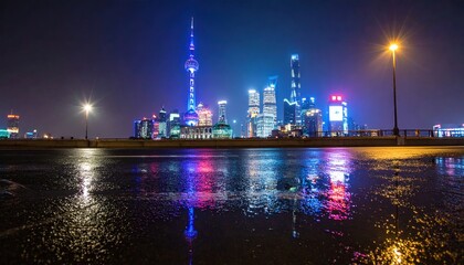 Nighttime skyline reflections shanghai urban photography cityscape low angle modern architecture