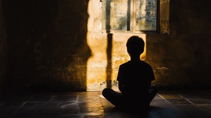 A child sits in a dimly lit room, bathed in sunlight from a window.