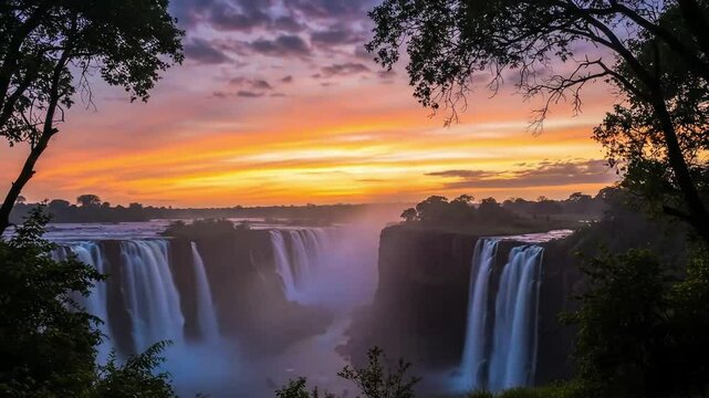 Victoria falls at sunset framed by trees with a vibrant orange and purple sky above the water