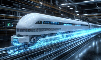 Futuristic high-speed train moving along tracks, emitting blue energy.  Industrial setting