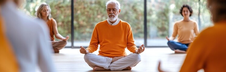Mindfulness and serenity: Senior man leading a yoga and meditation session with a group of adults in a bright, airy studio, promoting inner peace and wellbeing.