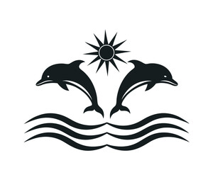 Naklejka premium Two dolphins with sun and ornate waves decorative marine silhouette on a white background