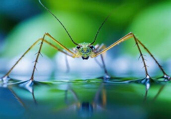 Close-Up View of a Unique Insect on Calm Water Surface with Soft Green Background, Featuring Intricate Details and Vibrant Colors in Nature's Habitat