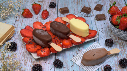 Assorted chocolate-covered ice cream bars on a bed of fresh strawberries, surrounded by blackberries, chocolate pieces and rustic decor. Refreshing summer dessert scene