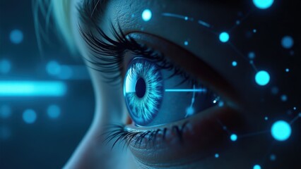 Futuristic Blue Eye with Digital Overlay: Artificial Intelligence, Technology Concept