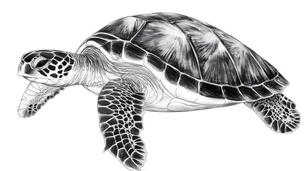 Fototapeta premium Detailed grayscale illustration of a sea turtle.