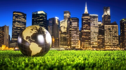 Urban skyline at night with a globe on grass symbolizes global unity, progress, and environmental awareness in a bustling city