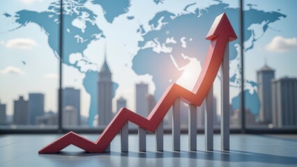Global Economic Growth Chart: Upward Trend Arrow with World Map & Cityscape Background