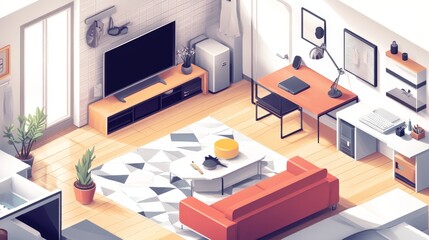 Naklejka premium Isometric drawings show furnished rooms: a living room (sofa, TV), a home office, and a bathroom. 