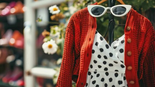 Mannequin in orange cardigan with white polka dot dress and sunglasses, in front of store window with daisies, emphasizing fashion and beauty.
