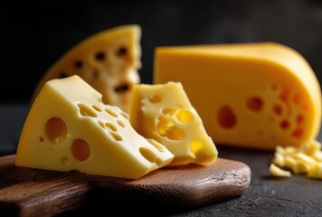 Close-up of Various Pieces of Delicious Yellow Cheese on Wooden Board with Dark Background for Culinary and Food Photography