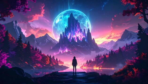 Ethereal Majesty: A Solitary Figure Gazing at a Crystal Castle Under a Giant Luminous Moon in a Vibrant Fantasy Landscape - A Dreamlike Scene of Wonder and Mystical Exploration.