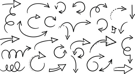 Black Hand-Drawn Arrow Set,Collection of Black Doodle Arrows,Various Sketchy Black Arrows Isolated,Handwritten Black Arrow Elements for Design on Transparent AI Generative