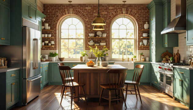 Sunlight streams into a beautifully designed kitchen featuring dark green cabinetry, a brick accent wall, and a warm wooden island with chairs, creating a cozy and inviting space.
