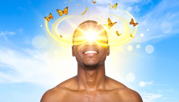 Radiant Smile with Butterflies: A Man Looking Upward with Hope and Freedom