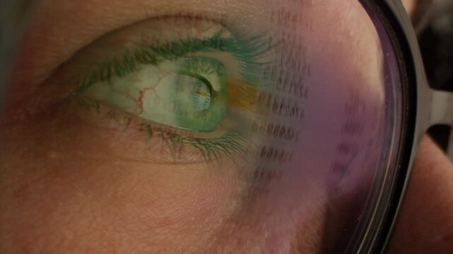 Close up of tired woman working at night on laptop, girl in eye glasses with reflections overworking busy, using computer in dark office