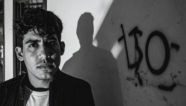 Shadowed Thoughts: Young Man with Serious Gaze and Graffiti Wall