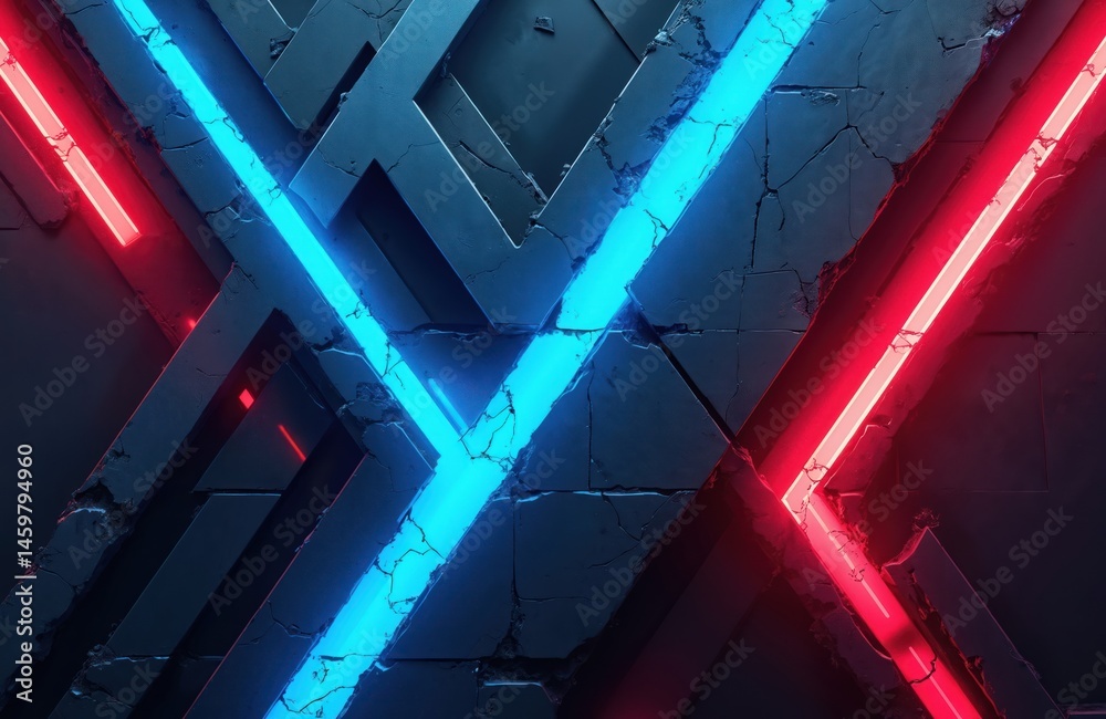 Poster futuristic graphic design with neon lights, red and blue. abstract background featuring geometric sh