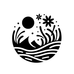 Serene Black & White Circle Nature Illustration: Sun, Flowers, Waves