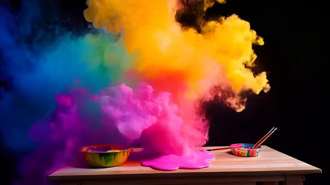 In a dark studio. the paint erupts in a huge, colorful blast, rising and swirling in mid-air. The camera slowly pans up, capturing the vivid, dynamic motion of the paint.