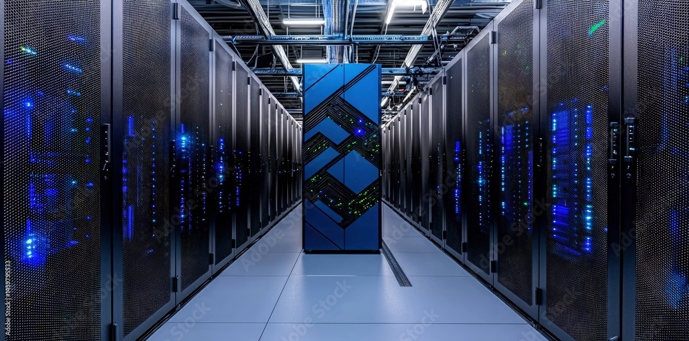 Poster advanced server hallway with glowing blue and green led lights in a futuristic data center. suitable