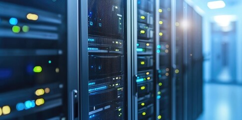 Naklejka premium Illuminated server racks in a clean data facility with cool tones and bokeh lighting. Ideal for tech innovation, IT services, or secure network design use
