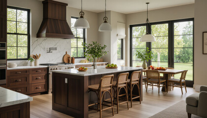 Fototapeta premium This interior photograph showcases a modern farmhouse kitchen with dark wood cabinetry, a marble island, and large windows overlooking a lush green landscape, creating a bright and inviting space.