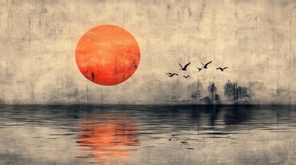 Sunrise over water, stylized