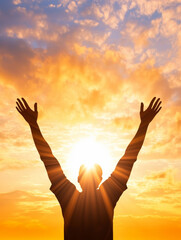 Silhouette of hands raised in worship against vibrant sunset, symbolizing hope and gratitude in moment of reflection