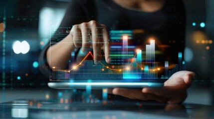 A man is holding a cell phone or tablet with virtual finance graph